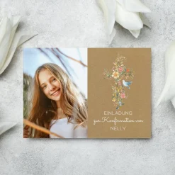Einladungskarte zur Konfirmation, Kommunion, Taufe mit Foto & Wunschdaten | Blumenkreuz