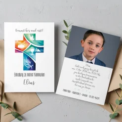 Einladungskarte zur Konfirmation & Kommunion mit Foto und Wunschdaten | Kommt her und esst!