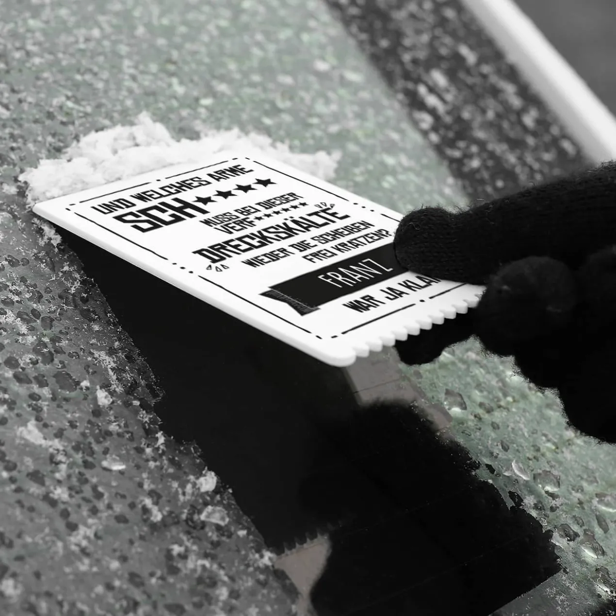 Eiskratzer mit Spruch "Dreckskälte" und Name bedruckt