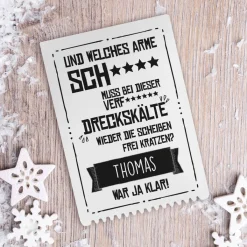 Eiskratzer mit Spruch "Dreckskälte" und Name bedruckt