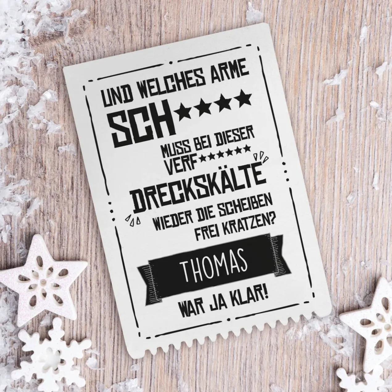 Eiskratzer mit Spruch "Dreckskälte" und Name bedruckt