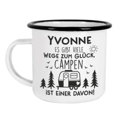 Emailletasse für Camper - Es gibt viele Wege zum Glück - mit Namensaufdruck