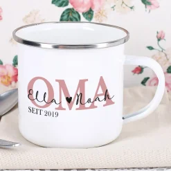 Emailletasse für die beste Oma mit Namensaufdruck der Enkelkinder