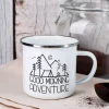 Emailletasse mit Camping-Motiv und Ihrem Wunschtext