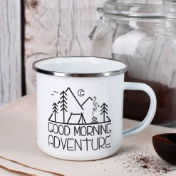 Emailletasse mit Camping-Motiv und Ihrem Wunschtext