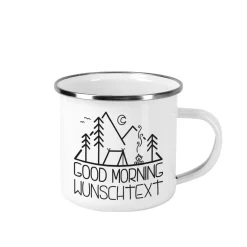 Emailletasse mit Camping-Motiv und Ihrem Wunschtext