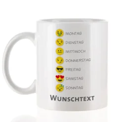 Emoticon Tasse mit Wochentagen und Ihrem Wunschtext