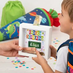 Endlich Schulkind - Bilderrahmen Spardose mit Name