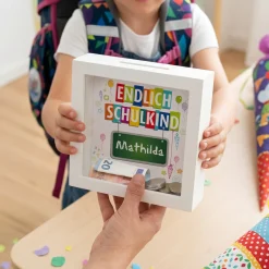 Endlich Schulkind - Bilderrahmen Spardose mit Name