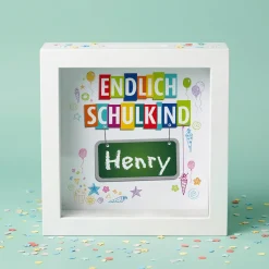 Endlich Schulkind - Bilderrahmen Spardose mit Name