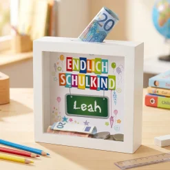 Endlich Schulkind - Bilderrahmen Spardose mit Name
