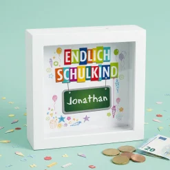 Endlich Schulkind - Bilderrahmen Spardose mit Name