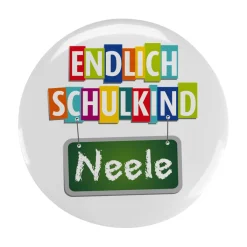 Endlich Schulkind - Button mit Wunschname, 56 mm