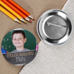 Endlich Schulkind - Button mit Fotoaufdruck