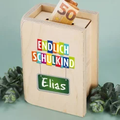 Endlich Schulkind - Holzspardose zur Einschulung mit Name
