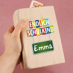 Endlich Schulkind - Holzspardose zur Einschulung mit Name