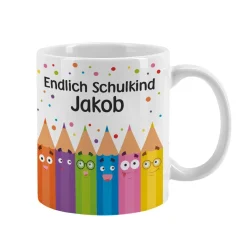 Endlich Schulkind Tasse mit lustigem Stiftemotiv und Namensaufdruck