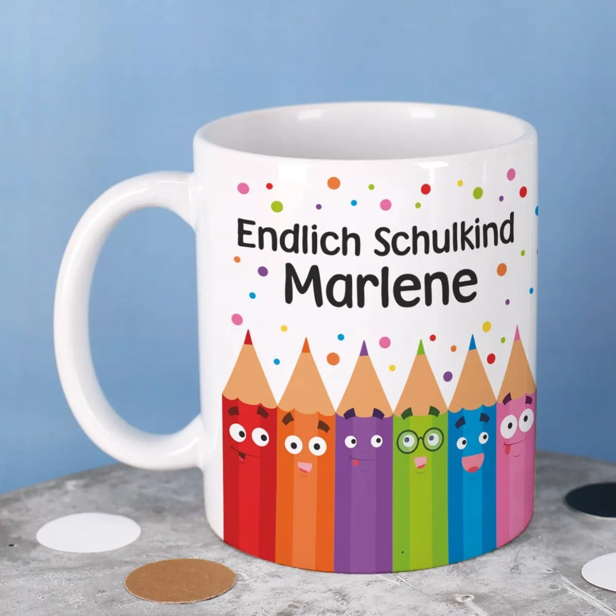 Endlich Schulkind Tasse mit Name in persönlicher Tassentasche