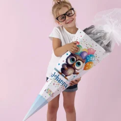 Endlich Schulkind - Zuckertüte mit Eule, Luftballons und Name