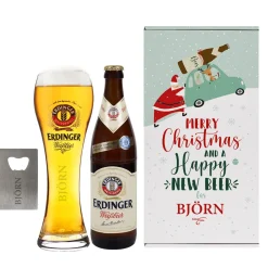 Erdinger Bier-Geschenkset zu Weihnachten, mit graviertem Glas, Weißbier und Flaschenöffner