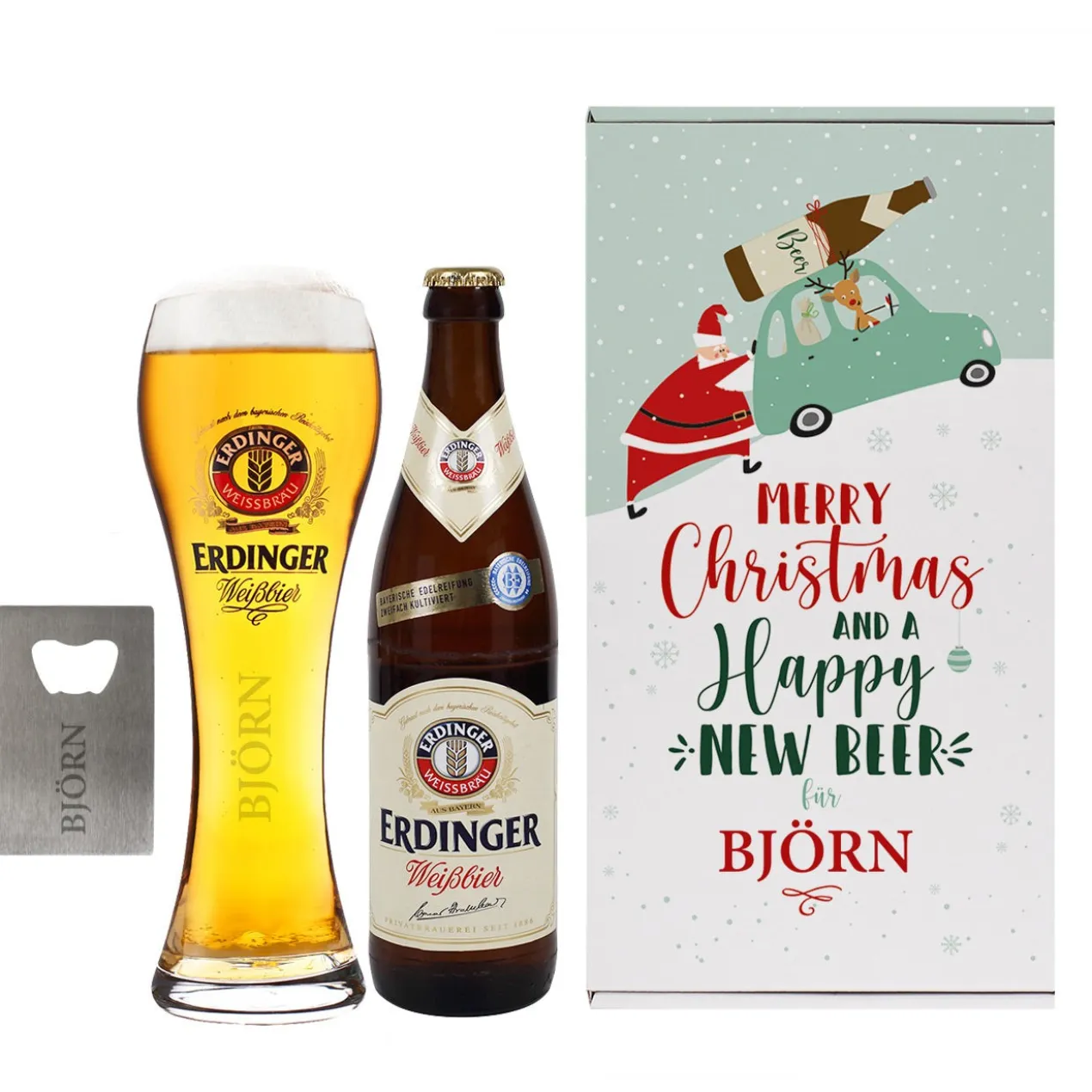 Erdinger Bier-Geschenkset zu Weihnachten, mit graviertem Glas, Weißbier und Flaschenöffner