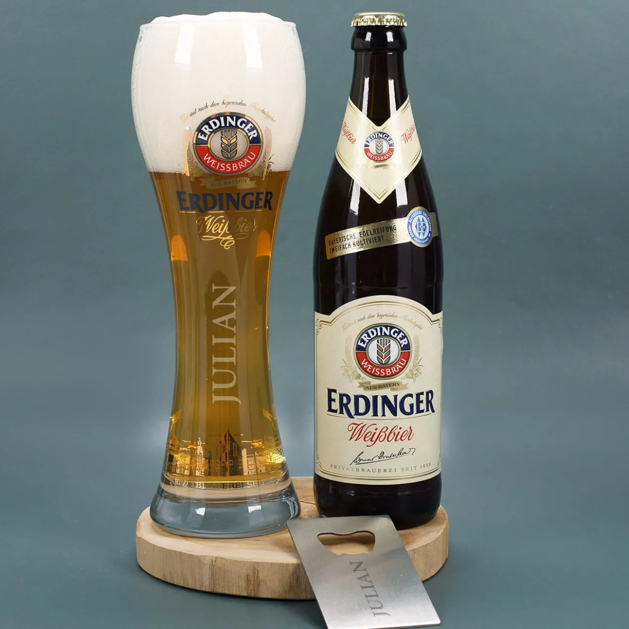 Erdinger Bier-Geschenkset zu Weihnachten, mit graviertem Glas, Weißbier und Flaschenöffner