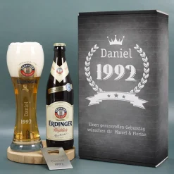 Erdinger Bier-Geschenkset zum Geburtstag mit graviertem Glas, Weißbier und Öffner | Getränk wählbar
