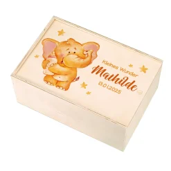 Erinnerungsbox mit Elefant, Wunschname und Geburtsdatum