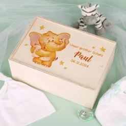 Erinnerungsbox mit Elefant, Wunschname und Geburtsdatum