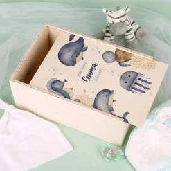 Erinnerungsbox mit Meerestieren, Wunschname und Geburtsdatum