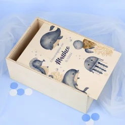 Erinnerungsbox mit Meerestieren, Wunschname und Geburtsdatum
