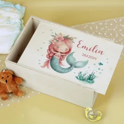Erinnerungsbox mit Meerjungfrau, Wunschname und Geburtsdatum