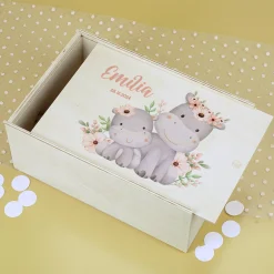 Erinnerungsbox mit Nilpferden, Wunschname und Geburtsdatum