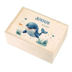Erinnerungsbox mit Wal, Wunschname und Geburtsdatum
