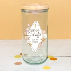 Erinnerungsglas für Strand Schätze mit Wunschtext personalisiert | Vorratsglas für Urlaub & Muscheln