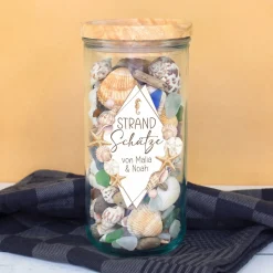 Erinnerungsglas für Strand Schätze mit Wunschtext personalisiert | Vorratsglas für Urlaub & Muscheln