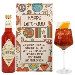 70er Jahre Flower Power - Glitter Spritz Geschenkset mit Name, Anlass und Wunschtext personalisiert