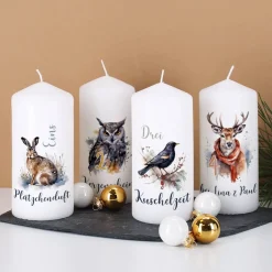 4er Set Adventskerzen mit Wintertieren und Wunschtext