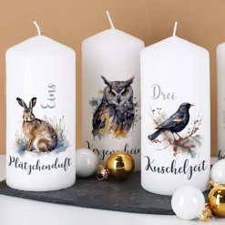 4er Set Adventskerzen mit Wintertieren und Wunschtext