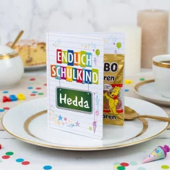 4er Set Gastgeschenk zur Einschulung | Haribo Goldbären im Klappkärtchen mit Name personalisiert