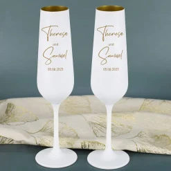 2er Set goldene Sektgläser zur Hochzeit mit modernem Motiv