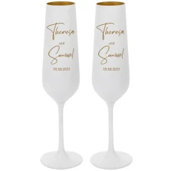 2er Set goldene Sektgläser zur Hochzeit mit modernem Motiv