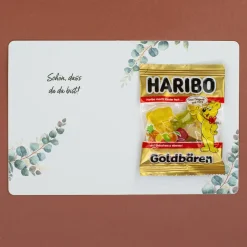 4er Set Haribo Goldbären mit personalisiertem Klappkärtchen als Gastgeschenk zur Hochzeit Eukalyptus