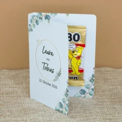 4er Set Haribo Goldbären mit personalisiertem Klappkärtchen als Gastgeschenk zur Hochzeit Eukalyptus