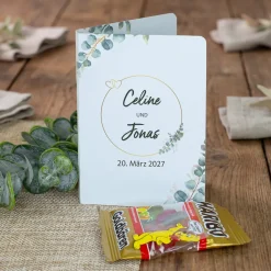 4er Set Haribo Goldbären mit personalisiertem Klappkärtchen als Gastgeschenk zur Hochzeit Eukalyptus