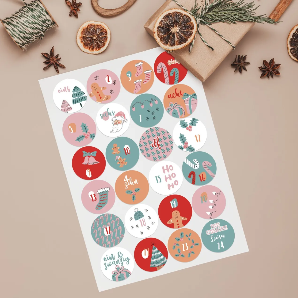 24er Set personalisierte Aufkleber für DIY Adventskalender mit Name | Motive zu Weihnachten