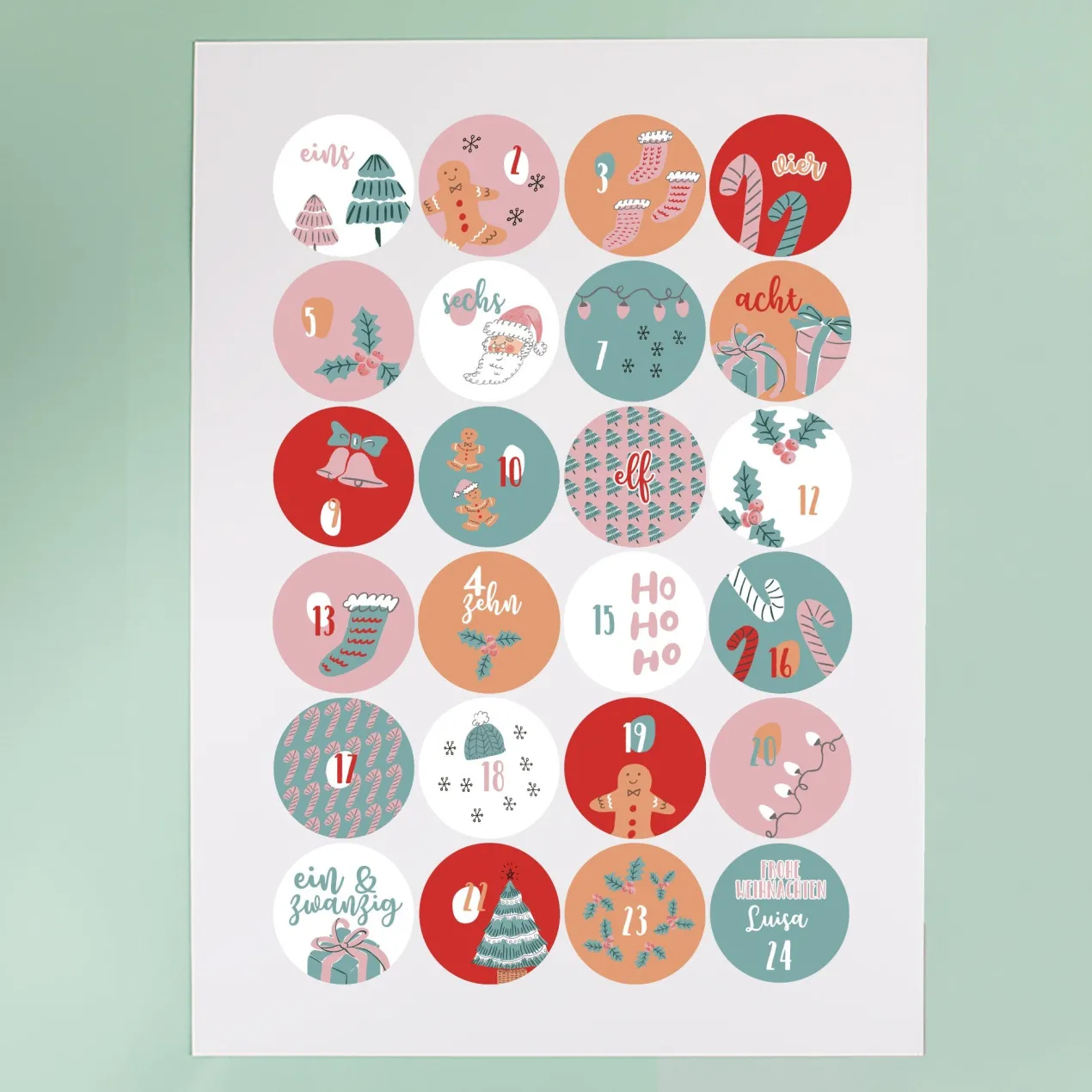 24er Set personalisierte Aufkleber für DIY Adventskalender mit Name | Motive zu Weihnachten