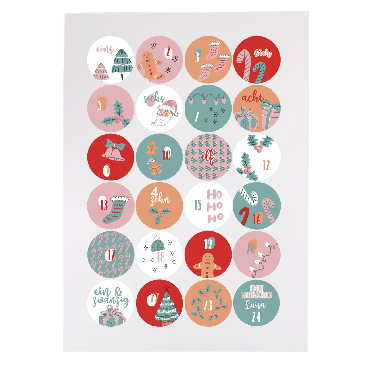 24er Set personalisierte Aufkleber für DIY Adventskalender mit Name | Motive zu Weihnachten