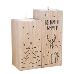 2er Set Teelichthalter aus Holz mit Wunschtext und weihnachtlichem Lineart Motiv bedruckt