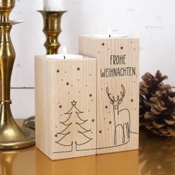 2er Set Teelichthalter aus Holz mit Wunschtext und weihnachtlichem Lineart Motiv bedruckt